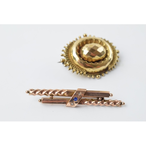 650 - Victorian 10ct gold brooch with locket to reverse with a 9ct gold bar brooch set with a blue paste a... 