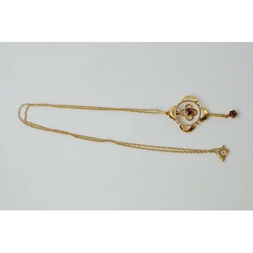 658 - 9ct gold garnet dropper pendant on 9ct gold chain, 2.4 grams, chain 45cm long.