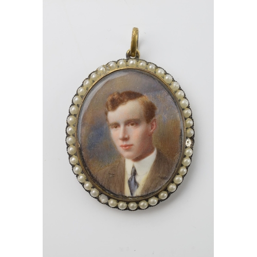 659 - Miniature portrait of a young gentleman in period frame surrounded by imitation pearls, 4.5cm tall.