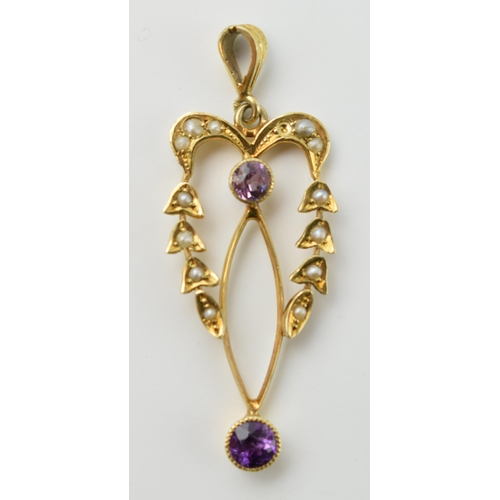 661 - Edwardian 14ct gold pendant set with amethysts and seed pearls, 4cm long, 2.2 grams.