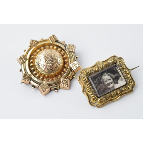 675 - Victorian mourning brooch with picture to front with Victorian gold mourning brooch with locket back... 