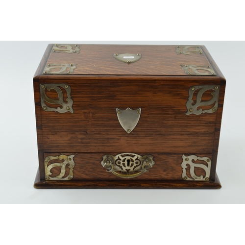 210 - Victorian oak stationery box with pull out drawer, revealing letter rack, with metal fixings and han... 