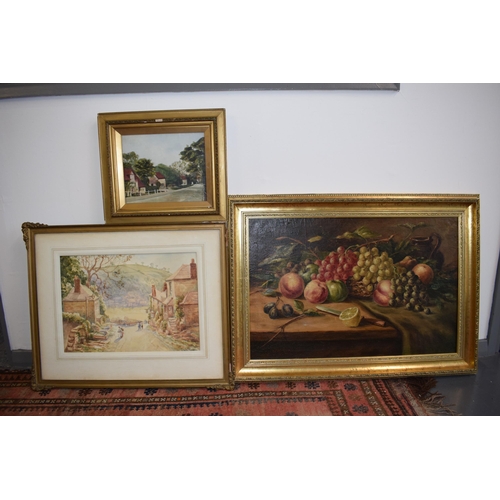 266 - A large framed Leonard Rowe 1913 oil on canas of a still life fruit scene, 48x72.5cm, a Rowe waterco... 