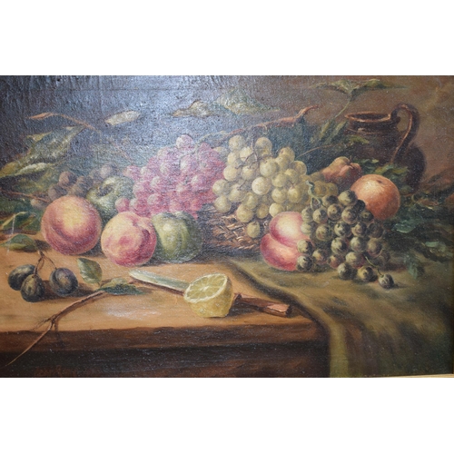 266 - A large framed Leonard Rowe 1913 oil on canas of a still life fruit scene, 48x72.5cm, a Rowe waterco... 