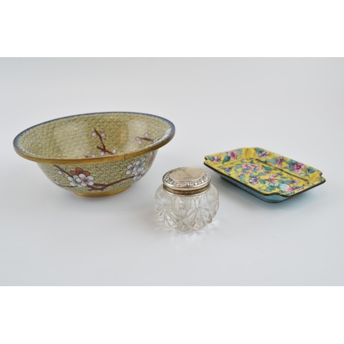 296 - Japanese cloisonné bowl with blossom tree on pale background, 13cm diameter, together with a similar... 