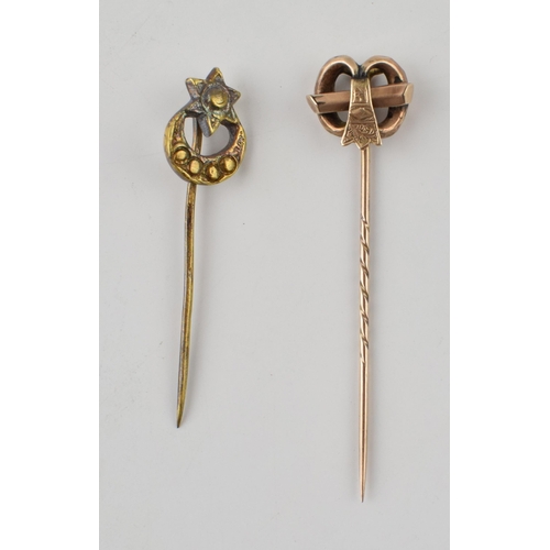 577 - 9ct gold stick pin (2.1g) together with another brass example.