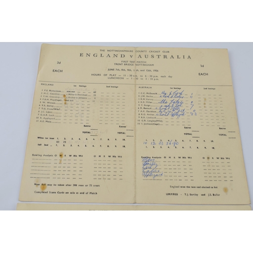 238 - A pair of original scorecards for 1st Ashes Test June 7th-12th 1956 at Trent Bridge to include Engla... 