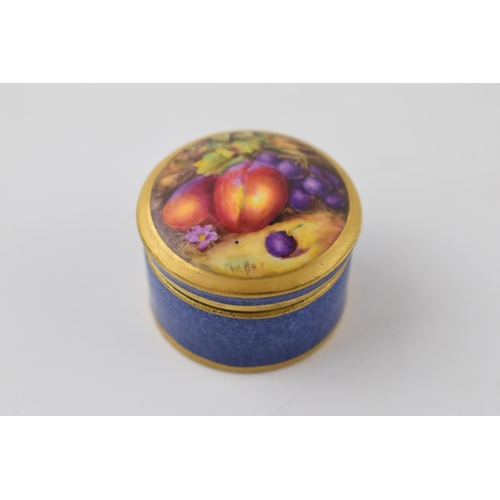 147 - Miniature Royal Worcester painted fruit scene ceramic pill box, 2781, signed 'W. Bee', 3cm diameter.