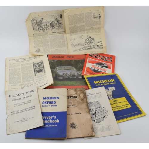 232 - A collection of vintage motoring ephemera to include a Jaguar Mk II workshop manual 1957 - 1967, Hil... 