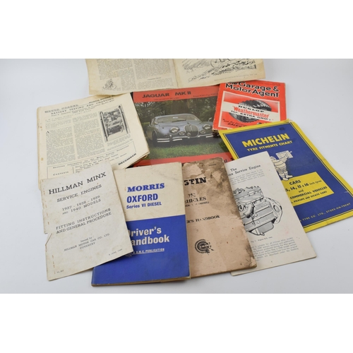 232 - A collection of vintage motoring ephemera to include a Jaguar Mk II workshop manual 1957 - 1967, Hil... 