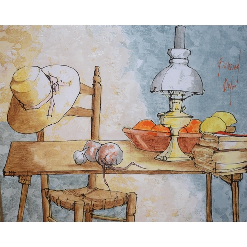 250A - Signed Bernard Dufour acrylic still life depicting table and chair with oil lamp fruit and books. We... 