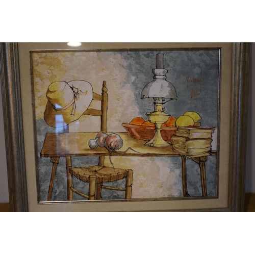 250A - Signed Bernard Dufour acrylic still life depicting table and chair with oil lamp fruit and books. We... 