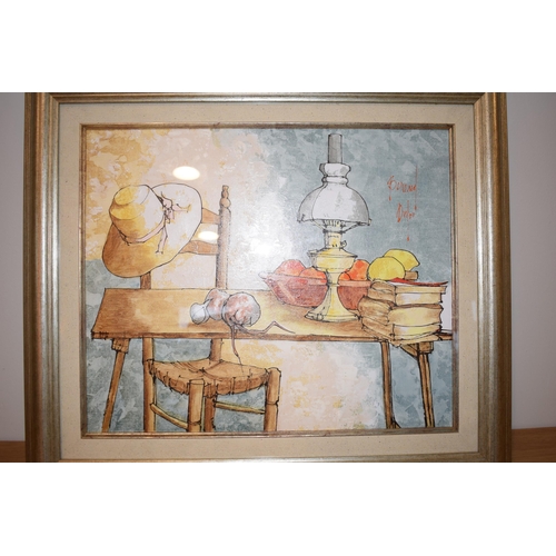 250A - Signed Bernard Dufour acrylic still life depicting table and chair with oil lamp fruit and books. We... 