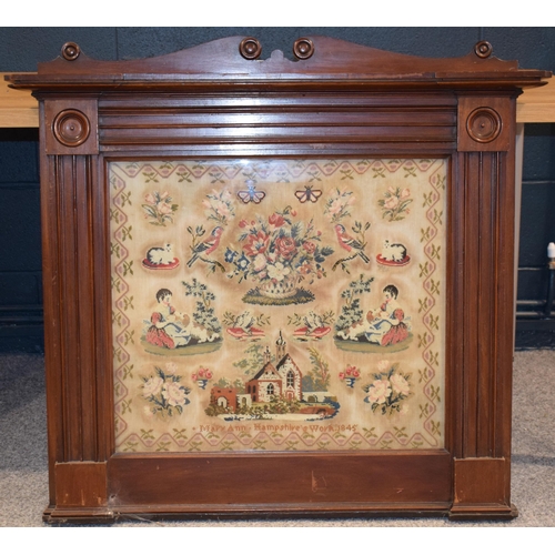 265 - Large early Victorian needlework sampler in architectural mahogany frame, 'Mary Ann Hampshire's Work... 