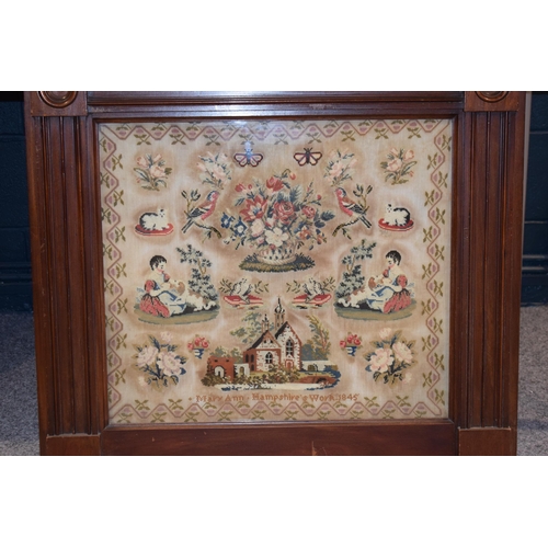 265 - Large early Victorian needlework sampler in architectural mahogany frame, 'Mary Ann Hampshire's Work... 