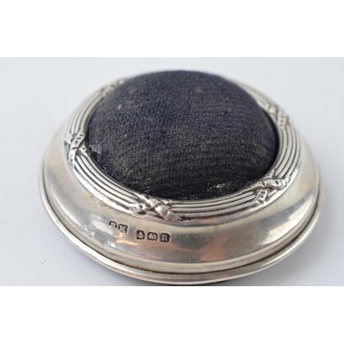 450 - Hallmarked silver velvet pin cushion, 6.5cm diameter, Birmingham 1912.