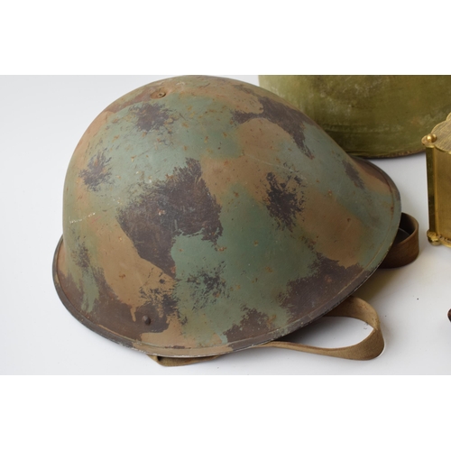 207 - A mixed collection of items to include military helmet, vintage motorcycle helmet, camera and binocu... 