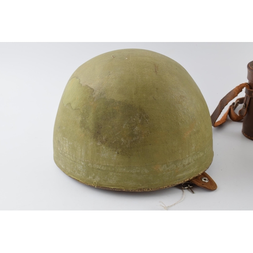 207 - A mixed collection of items to include military helmet, vintage motorcycle helmet, camera and binocu... 