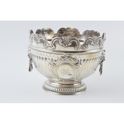 439 - Hallmarked silver table centrepiece / fruit bowl with drop down handles in the form of lions, London... 