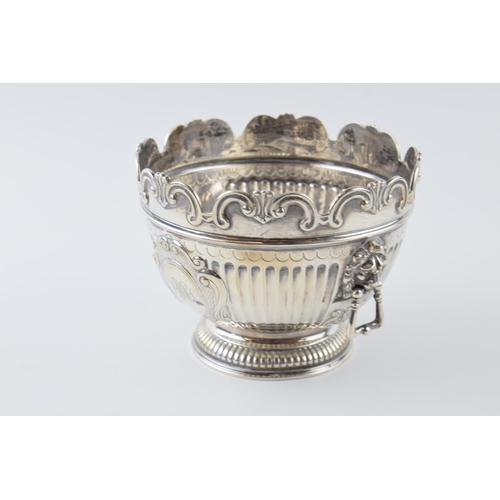 439 - Hallmarked silver table centrepiece / fruit bowl with drop down handles in the form of lions, London... 