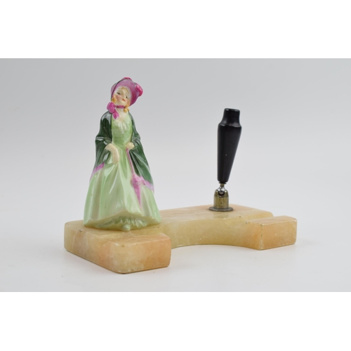 144 - Royal Doulton miniature lady figure Paisley Shawl mounted with pen holder onto alabaster base, 15.5c... 