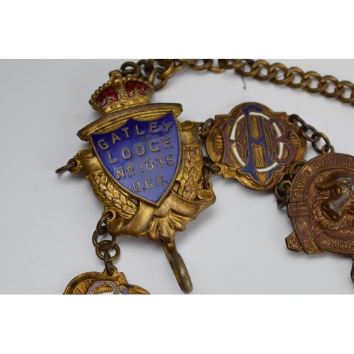 302 - Masonic Interest: a Masonic regalia / chain collar with a quantity of enamel, gilt metal and metal b... 