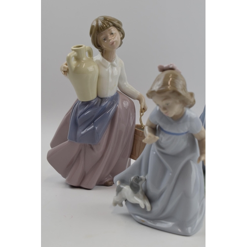 103 - Nao by Lladro to include girl sitting with straw hat, a girl with a puppy, girl with a bird and a gi... 