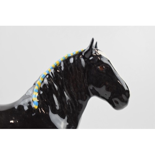 48 - Beswick 818 shire with custom overpainted decoration, with black body and blue / yellow ribbon (outs... 