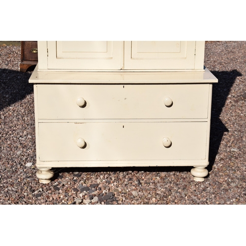 219 - 19th century pine / softwood housekeeper's cupboard / linen press, top with 2 doors and base with 2 ... 