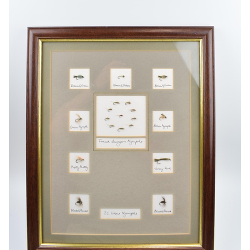 527 - A framed collection of good quality fishing flies. T.C Ivans, Nymphs.  Frank Sawyers. 39cm x 48cm in... 