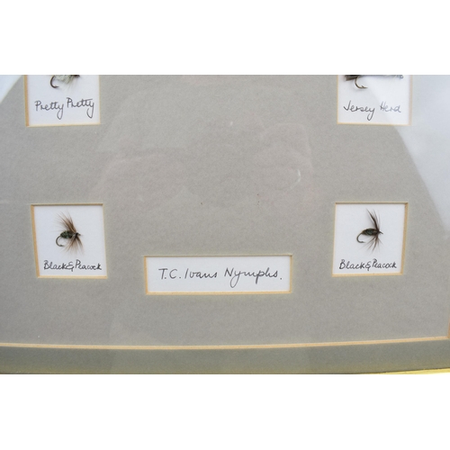 527 - A framed collection of good quality fishing flies. T.C Ivans, Nymphs.  Frank Sawyers. 39cm x 48cm in... 