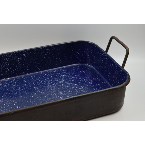 531 - Large French enamel baking / roasting tray. Heavy steel with mottled blue enamel decoration to liner... 