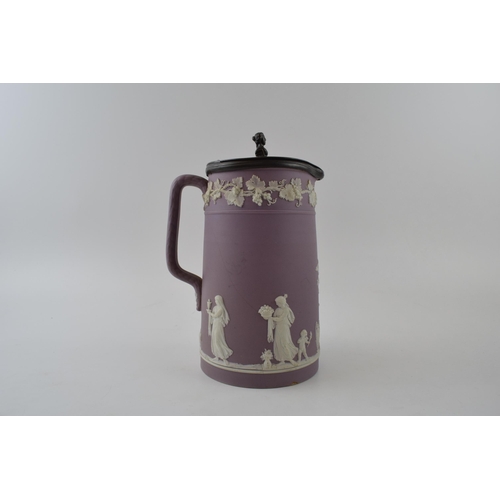 105 - Wedgwood lilac dipped Jasperware. Upright rope handle jug with hinged pewter lid. Height 22cm.