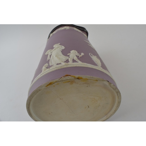 105 - Wedgwood lilac dipped Jasperware. Upright rope handle jug with hinged pewter lid. Height 22cm.