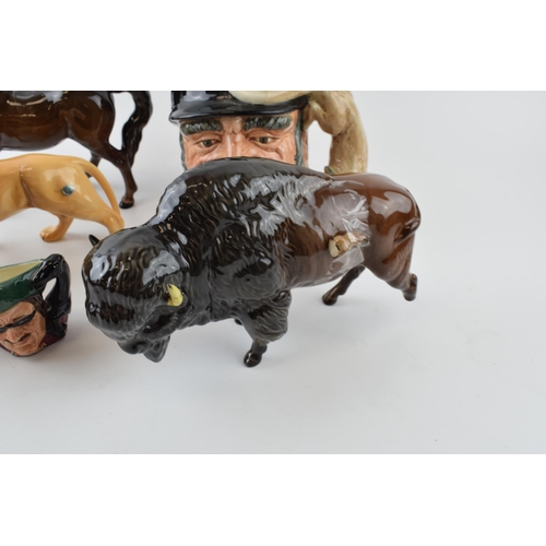 111 - Pottery to include a Beswick lion, a bison (af), Doulton character jugs and a brown horse (af).