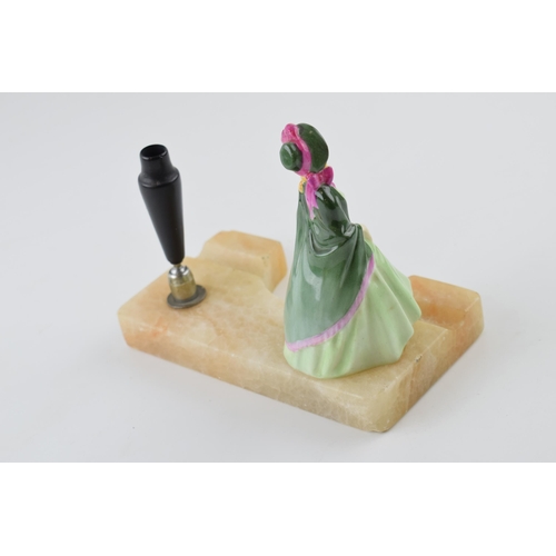 144 - Royal Doulton miniature lady figure Paisley Shawl mounted with pen holder onto alabaster base, 15.5c... 