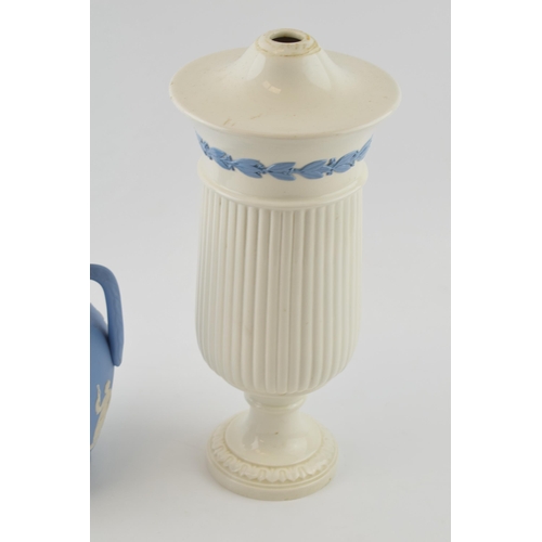 193A - A Wedgwood Queenware lamp base, cream ground with blue relief together with a similar Dudson Brother... 