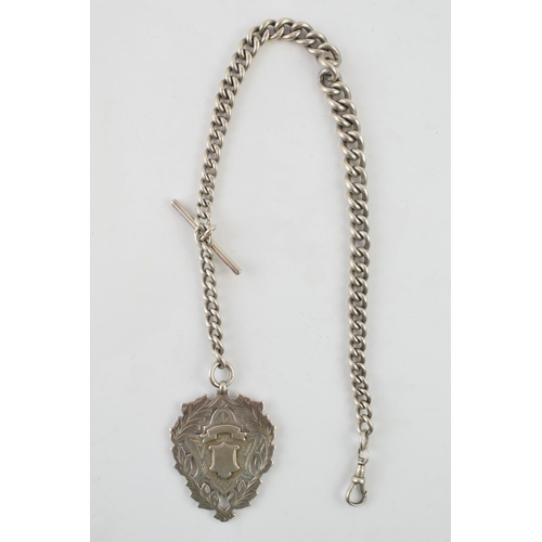 222 - Silver albert chain with T bar and large fob, 94.1 grams, 43cm long.