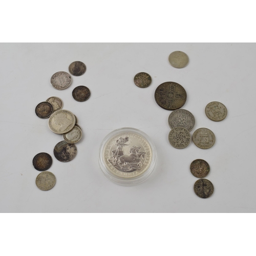 229 - Silver coins to include a fine silver one ounce Britannia, 31.1 grams, pre-1920 coins to include Vic... 