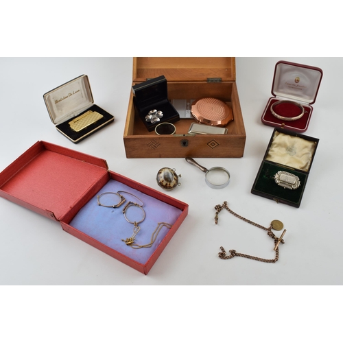 231 - Jewellery to include a silver bangle, silver brooch, gold plated watch chain, silver handled magnify... 