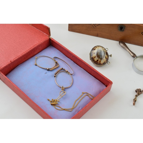 231 - Jewellery to include a silver bangle, silver brooch, gold plated watch chain, silver handled magnify... 