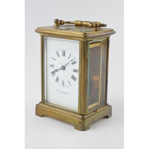 232 - Early 20th century brass carriage clock, Hamilton & Inches, with key, bevel edged glass, 15cm tall w... 