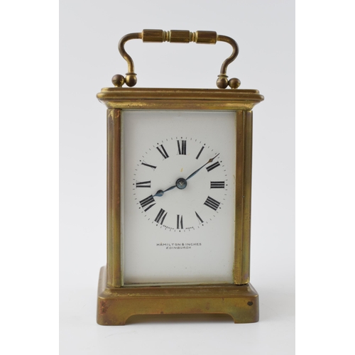 232 - Early 20th century brass carriage clock, Hamilton & Inches, with key, bevel edged glass, 15cm tall w... 