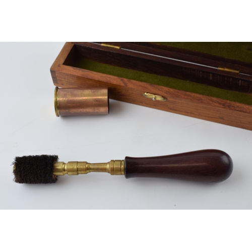 303 - Good quality rosewood handled brass shafted chamber brush with copper contained in fitted baize line... 