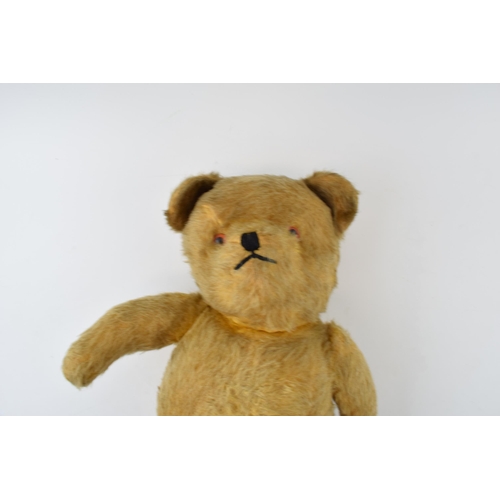 309 - Early to mid 20th century teddy bear with glass eyes and voice box (non working), 45cm long.