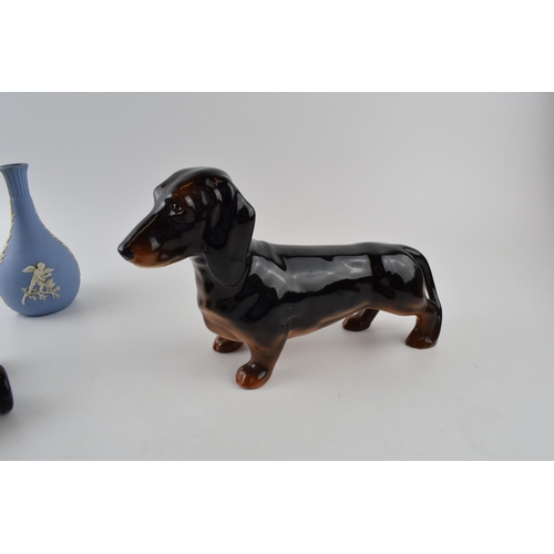 319 - A mixed collection of items to include, Beswick Dachshund (23cm) Wedgwood Jasperware bud vase, Strat... 