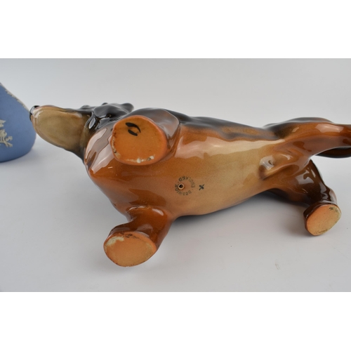 319 - A mixed collection of items to include, Beswick Dachshund (23cm) Wedgwood Jasperware bud vase, Strat... 