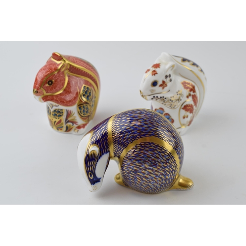 32 - Royal Crown Derby Paperweights in the form of a Badger, a Red Squirrel and a Squirrel first quality ... 