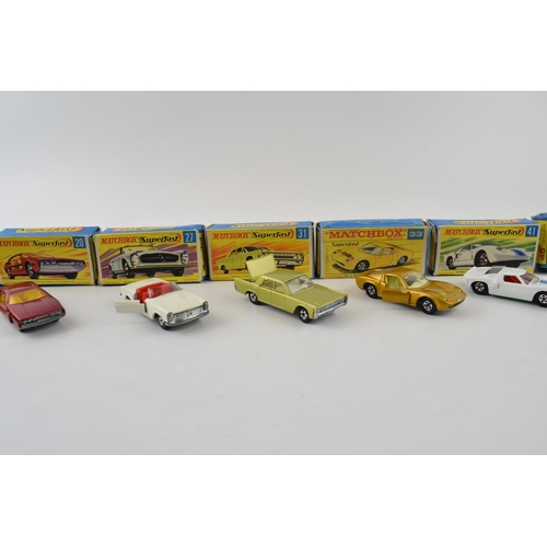 324 - A collection of boxed vintage diecast Matchbox Lesney Superfast cars to include, 5 Lotus Europa, 18 ... 