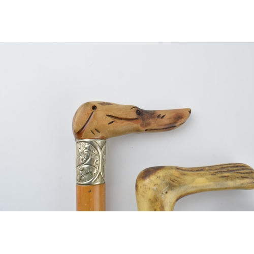 345 - A trio of vintage walking sticks with varying heads to include a lurcher, a horn example and a knob ... 